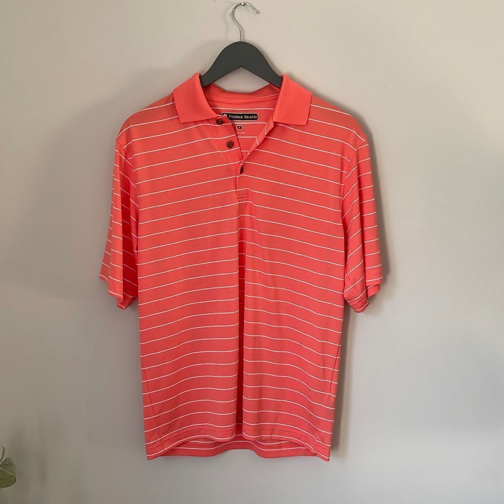 Men’s Golf Shirt Pebble Beach. Size Small Coral colored w/white stripes.